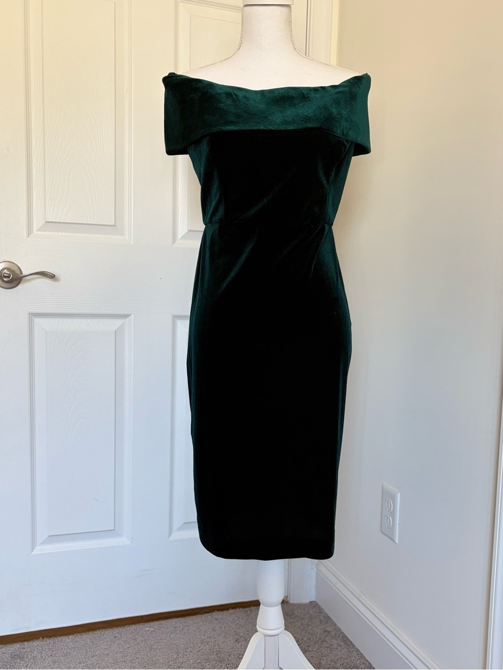Calvin Klein Velvet Dark Green Off-Shoulder Midi Dress